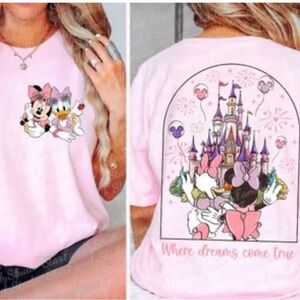 Pink Graphic Tee with Minnie and Daisy Disneyland tee where dreams come true.